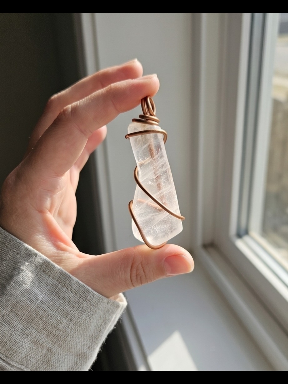 Clear Selenite Wire-Wrapped Pendant Necklace - Copper